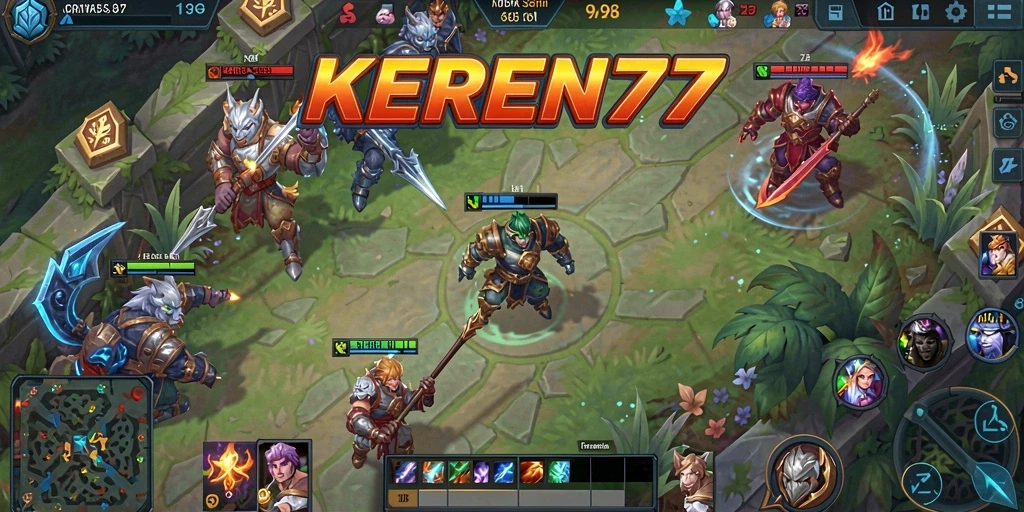 Tampilan seru gameplay KEREN77 dengan pertarungan MOBA yang mendebarkan.