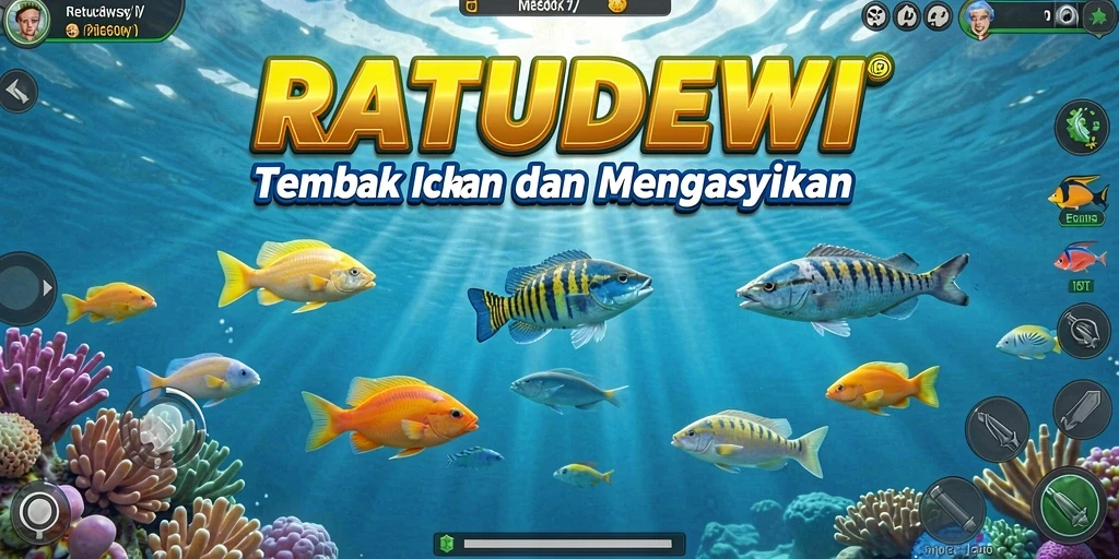 Tampilan gameplay seru di RATUDEWI dengan ikan berwarna-warni.